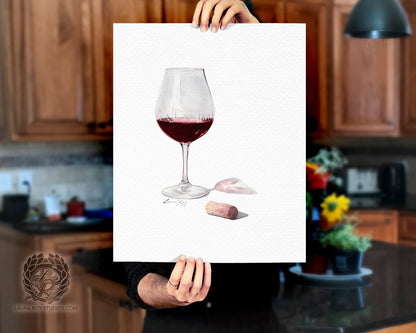 Red Wine Watercolor Art Print – Glass of Pinot Noir with Cork, Elegant Kitchen or Bar