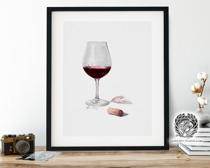 Red Wine Watercolor Art Print – Glass of Pinot Noir with Cork, Elegant Kitchen or Bar