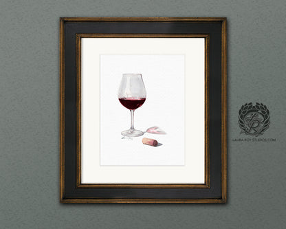 Red Wine Watercolor Art Print – Glass of Pinot Noir with Cork, Elegant Kitchen or Bar