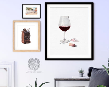 Red Wine Watercolor Art Print – Glass of Pinot Noir with Cork, Elegant Kitchen or Bar