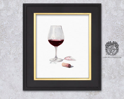 Red Wine Watercolor Art Print – Glass of Pinot Noir with Cork, Elegant Kitchen or Bar