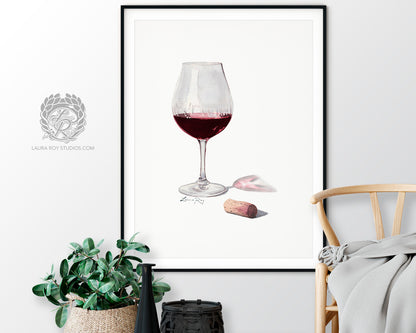 Red Wine Watercolor Art Print – Glass of Pinot Noir with Cork, Elegant Kitchen or Bar
