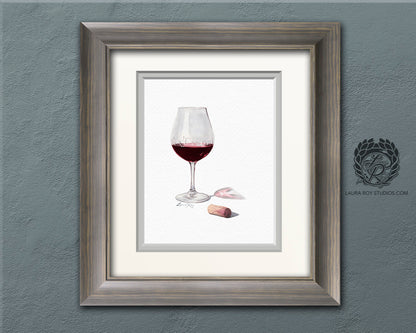 Red Wine Watercolor Art Print – Glass of Pinot Noir with Cork, Elegant Kitchen or Bar