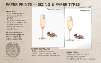 Champagne Watercolor Art Print – Glass of Bubbly with Cork and Foil, Celebration Wall Decor