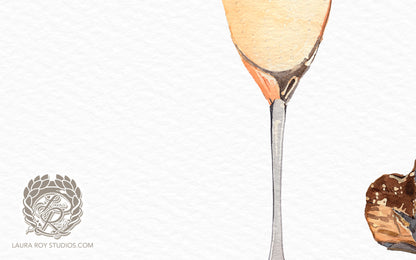 Champagne Watercolor Art Print – Glass of Bubbly with Cork and Foil, Celebration Wall Decor
