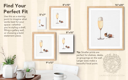 Champagne Watercolor Art Print – Glass of Bubbly with Cork and Foil, Celebration Wall Decor