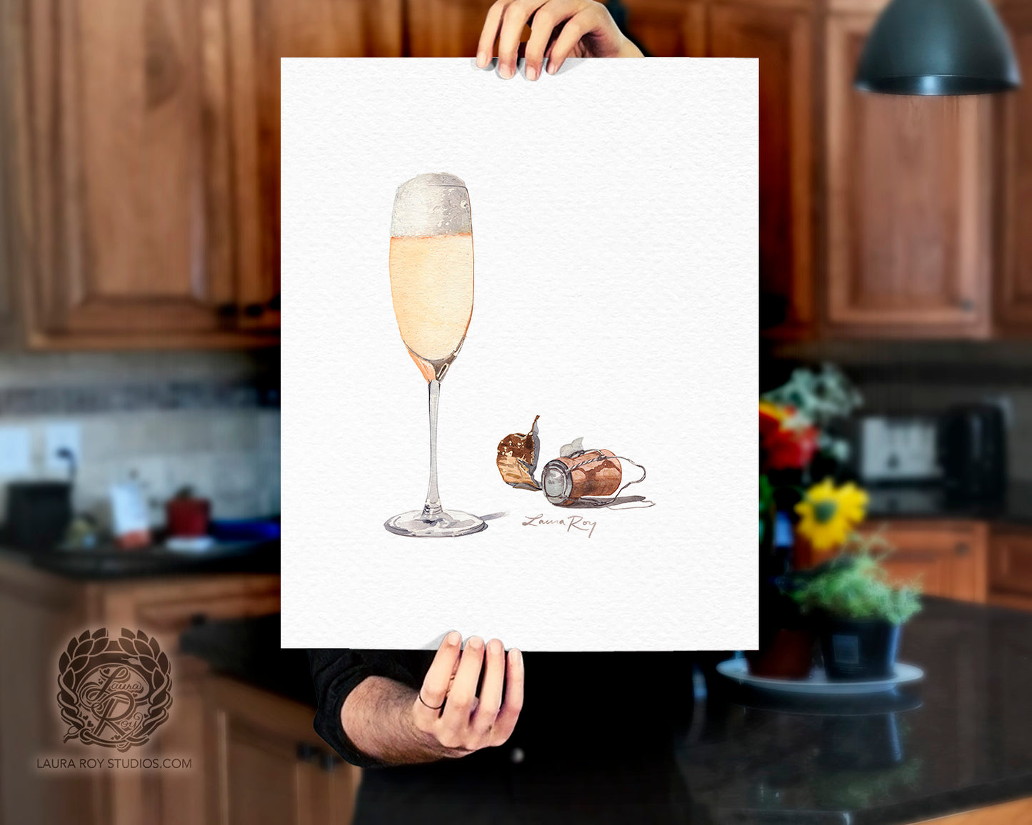 Champagne Watercolor Art Print – Glass of Bubbly with Cork and Foil, Celebration Wall Decor