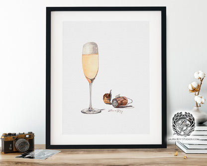 Champagne Watercolor Art Print – Glass of Bubbly with Cork and Foil, Celebration Wall Decor