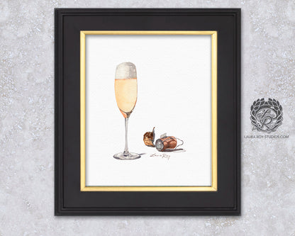 Champagne Watercolor Art Print – Glass of Bubbly with Cork and Foil, Celebration Wall Decor