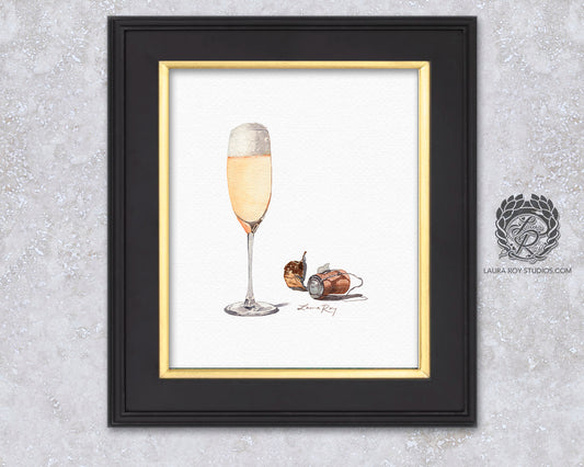 Champagne Watercolor Art Print – Glass of Bubbly with Cork and Foil, Celebration Wall Decor