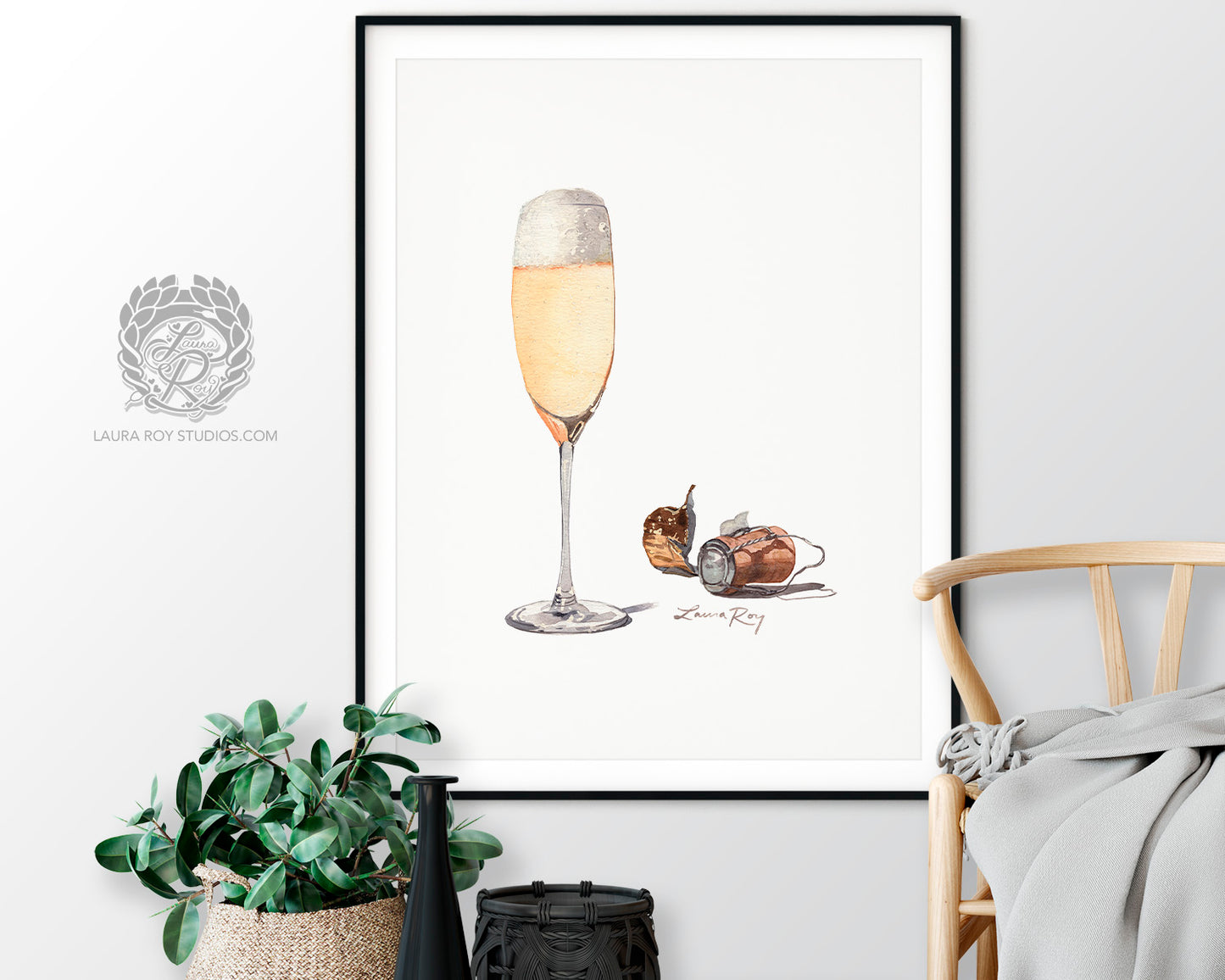 Champagne Watercolor Art Print – Glass of Bubbly with Cork and Foil, Celebration Wall Decor