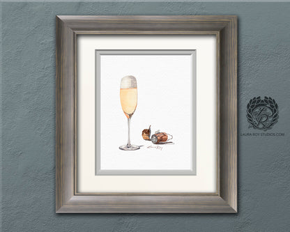 Champagne Watercolor Art Print – Glass of Bubbly with Cork and Foil, Celebration Wall Decor