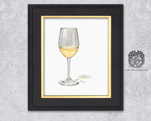 White Wine Watercolor Art Print – Glass of Chardonnay Kitchen Decor, Elegant Wine Art