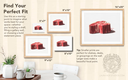 Porterhouse Steak Watercolor Print – Raw Cut Butcher Art, Foodie Kitchen Decor, Fine Meat Illustration, Giclée Wall Art