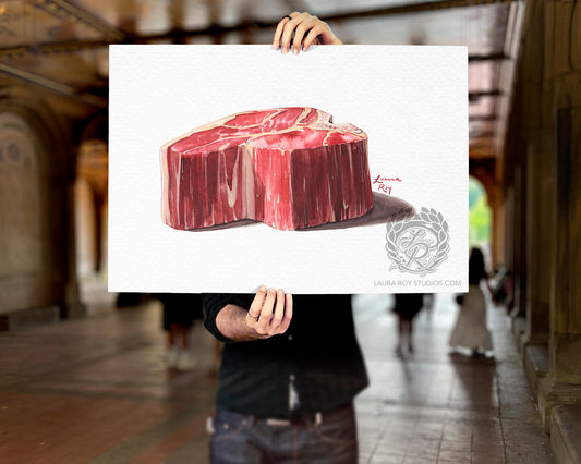 Porterhouse Steak Watercolor Print – Raw Cut Butcher Art, Foodie Kitchen Decor, Fine Meat Illustration, Giclée Wall Art