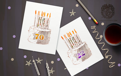 Personalized Watercolor Birthday Cake with Number Card - Watercolor Cake with Candles & Confetti, Customizable Number (Single or Set)