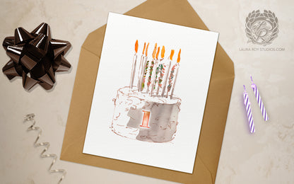 Personalized Watercolor Birthday Cake with Number Card - Watercolor Cake with Candles & Confetti, Customizable Number (Single or Set)