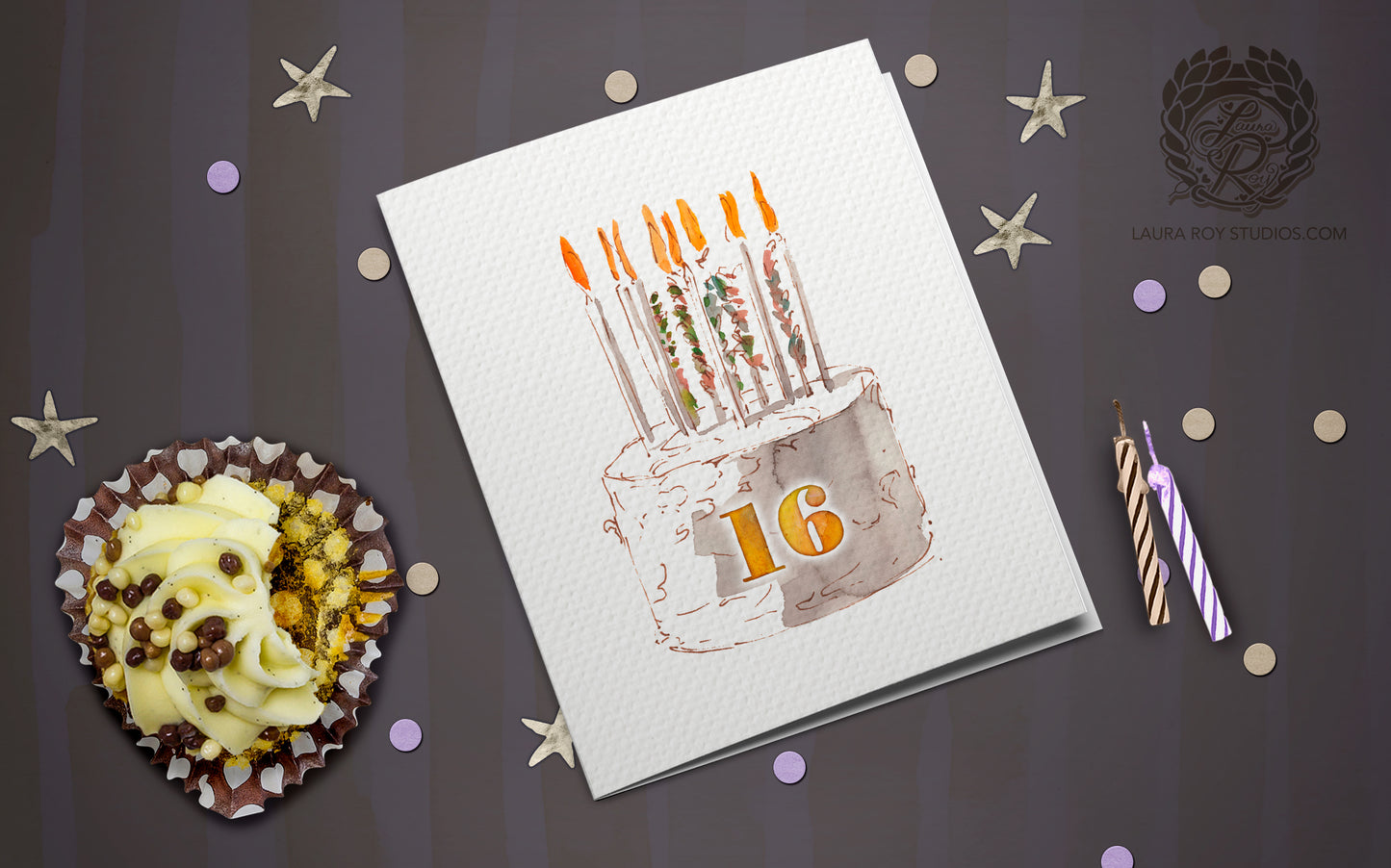Personalized Watercolor Birthday Cake with Number Card - Watercolor Cake with Candles & Confetti, Customizable Number (Single or Set)