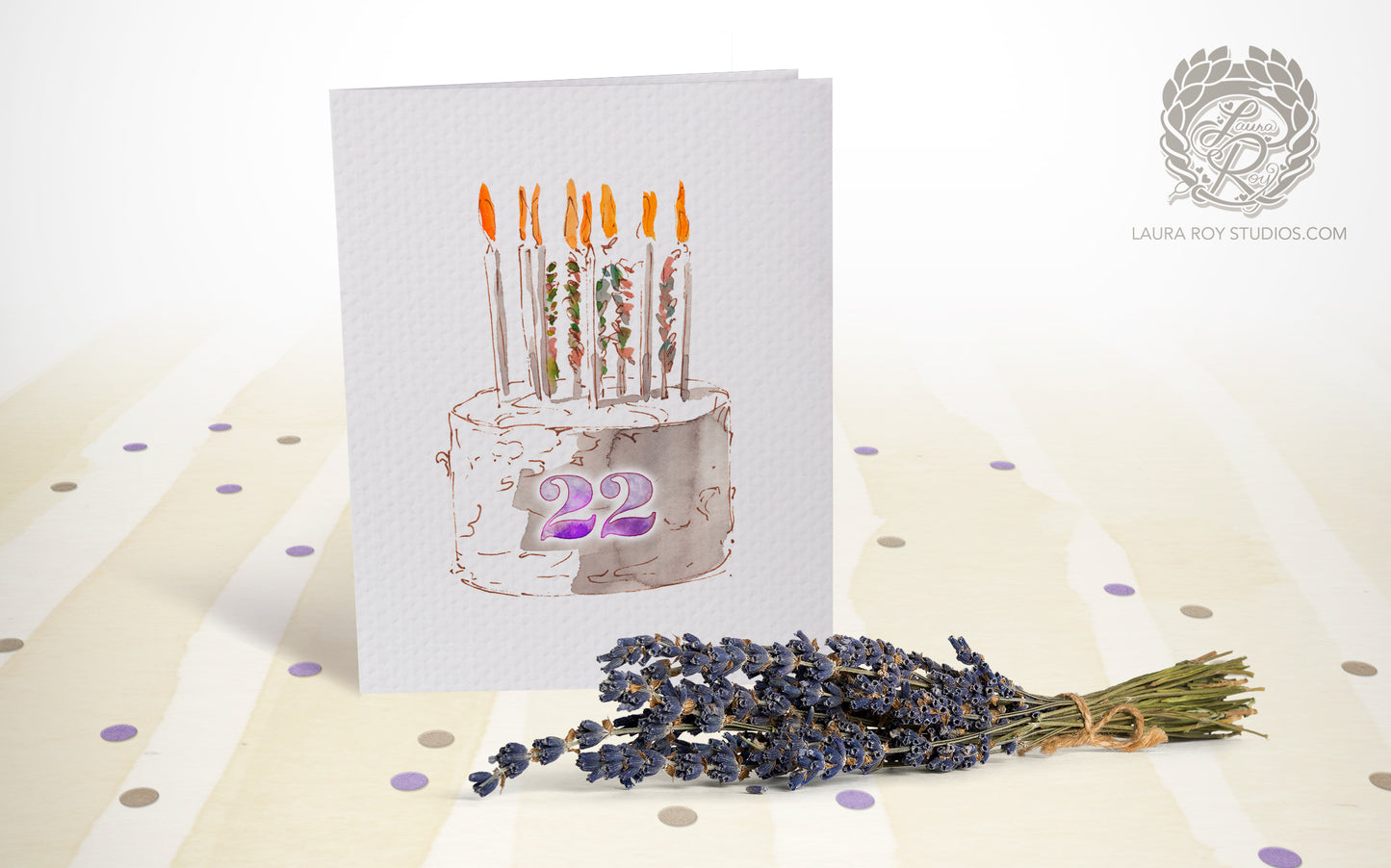 Personalized Watercolor Birthday Cake with Number Card - Watercolor Cake with Candles & Confetti, Customizable Number (Single or Set)