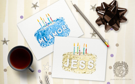 Personalized Birthday Cake with Name Card - Watercolor Cake with Candles, Customizable Number (Single or Set)