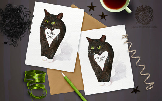 Personalized Cat with Heart Card - Whimsical Watercolor Tuxedo Cat for Valentine's, Anniversary, Birthday, or Pet Sympathy (Single or Set)
