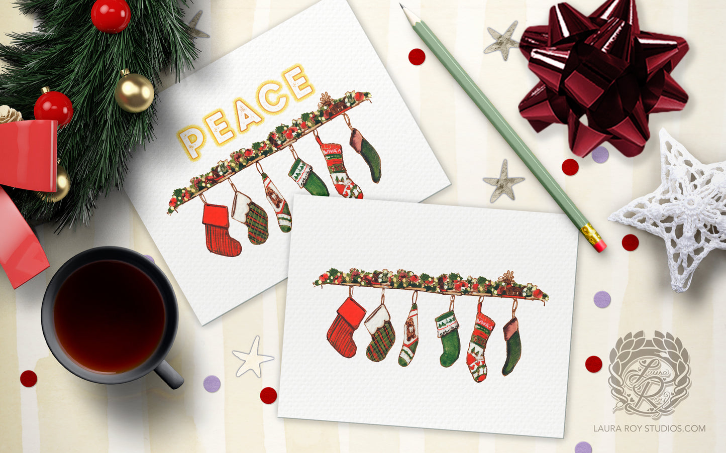 Personalized Stockings Holiday Card: Fireplace Mantel Christmas Card