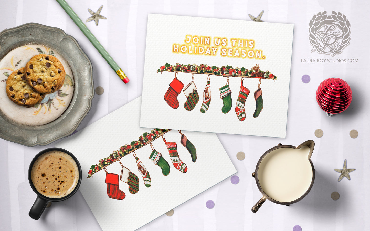 Personalized Stockings Holiday Card: Fireplace Mantel Christmas Card