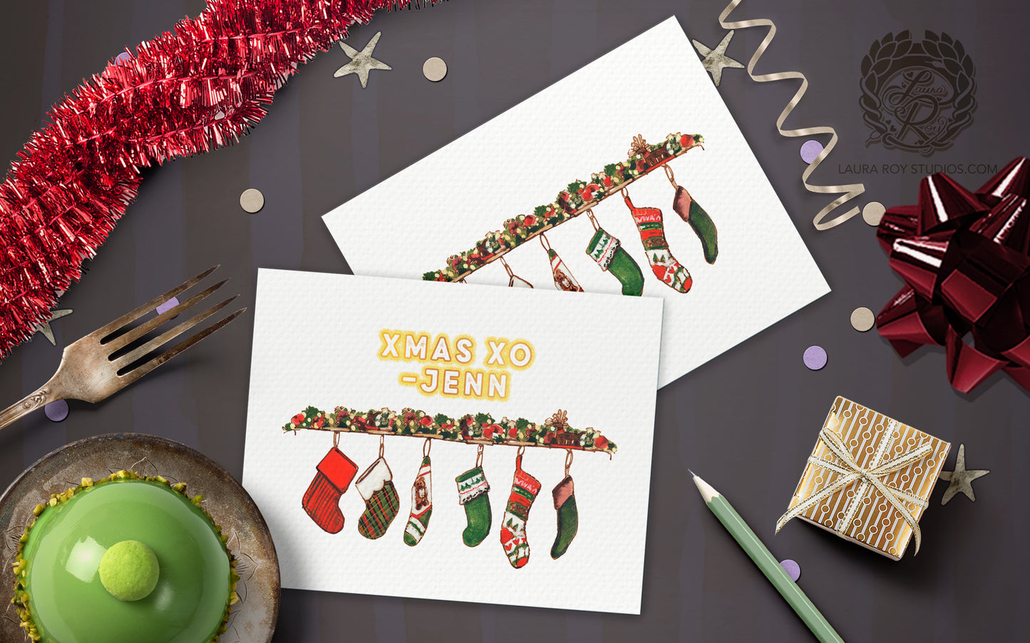 Personalized Stockings Holiday Card: Fireplace Mantel Christmas Card