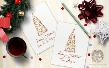 Personalized Elegant Christmas Tree Card - Watercolor & Ink Tree, Customizable Holiday Greeting (Single or Set)