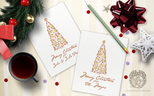 Personalized Elegant Christmas Tree Card - Watercolor & Ink Tree, Customizable Holiday Greeting (Single or Set)