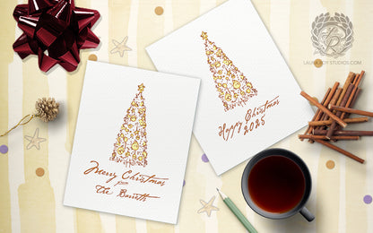 Personalized Elegant Christmas Tree Card - Watercolor & Ink Tree, Customizable Holiday Greeting (Single or Set)