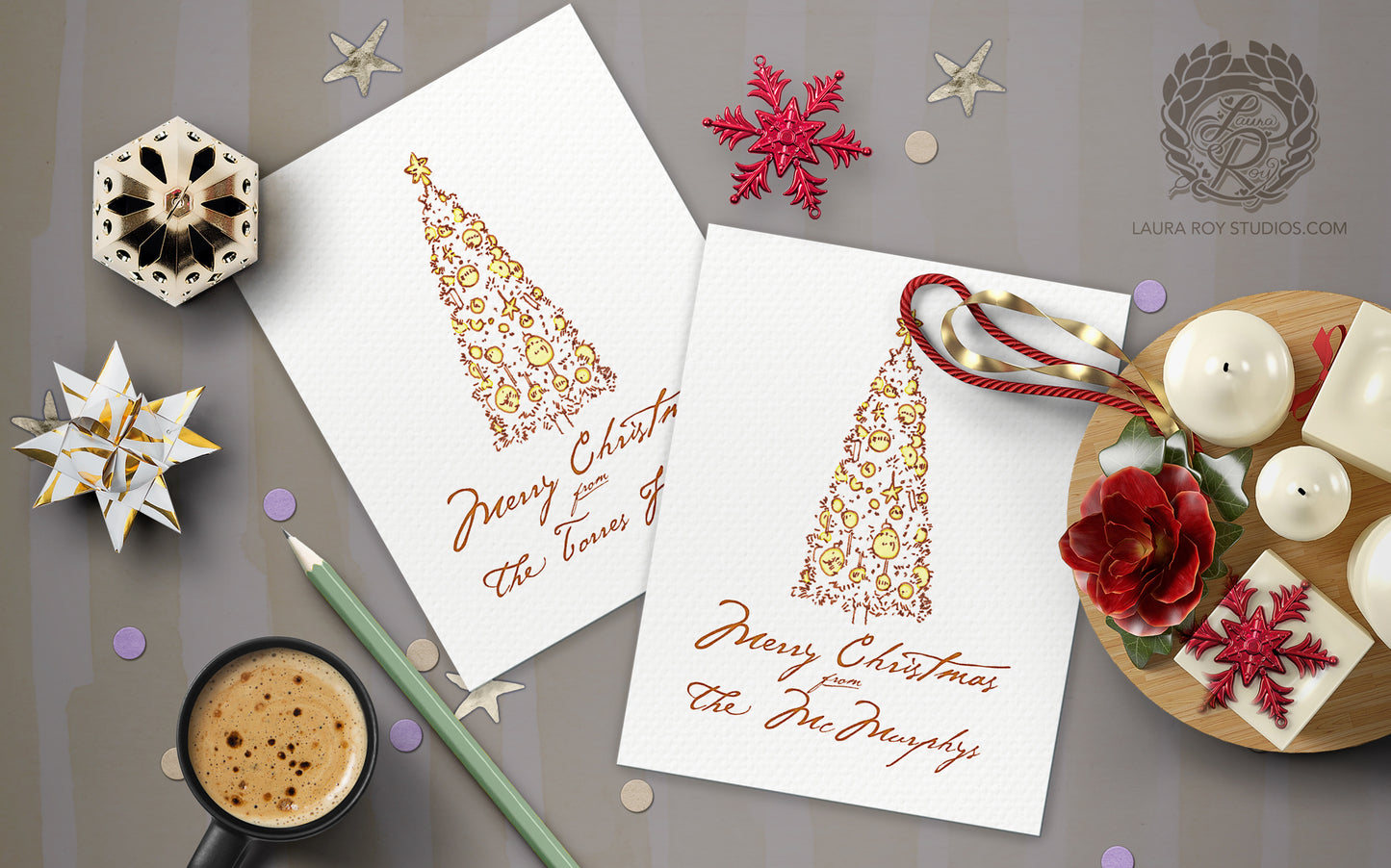 Personalized Elegant Christmas Tree Card - Watercolor & Ink Tree, Customizable Holiday Greeting (Single or Set)