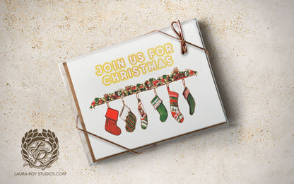 Personalized Stockings Holiday Card: Fireplace Mantel Christmas Card