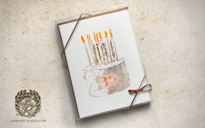 Personalized Watercolor Birthday Cake with Number Card - Watercolor Cake with Candles & Confetti, Customizable Number (Single or Set)