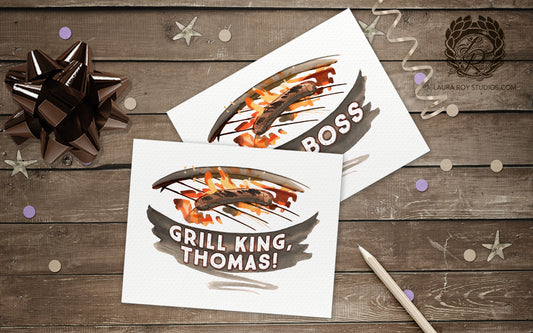 Personalized Father’s Day Grill Card, Custom Dad Name Watercolor BBQ Gift, Sizzling Sausage Art (Single or Set)