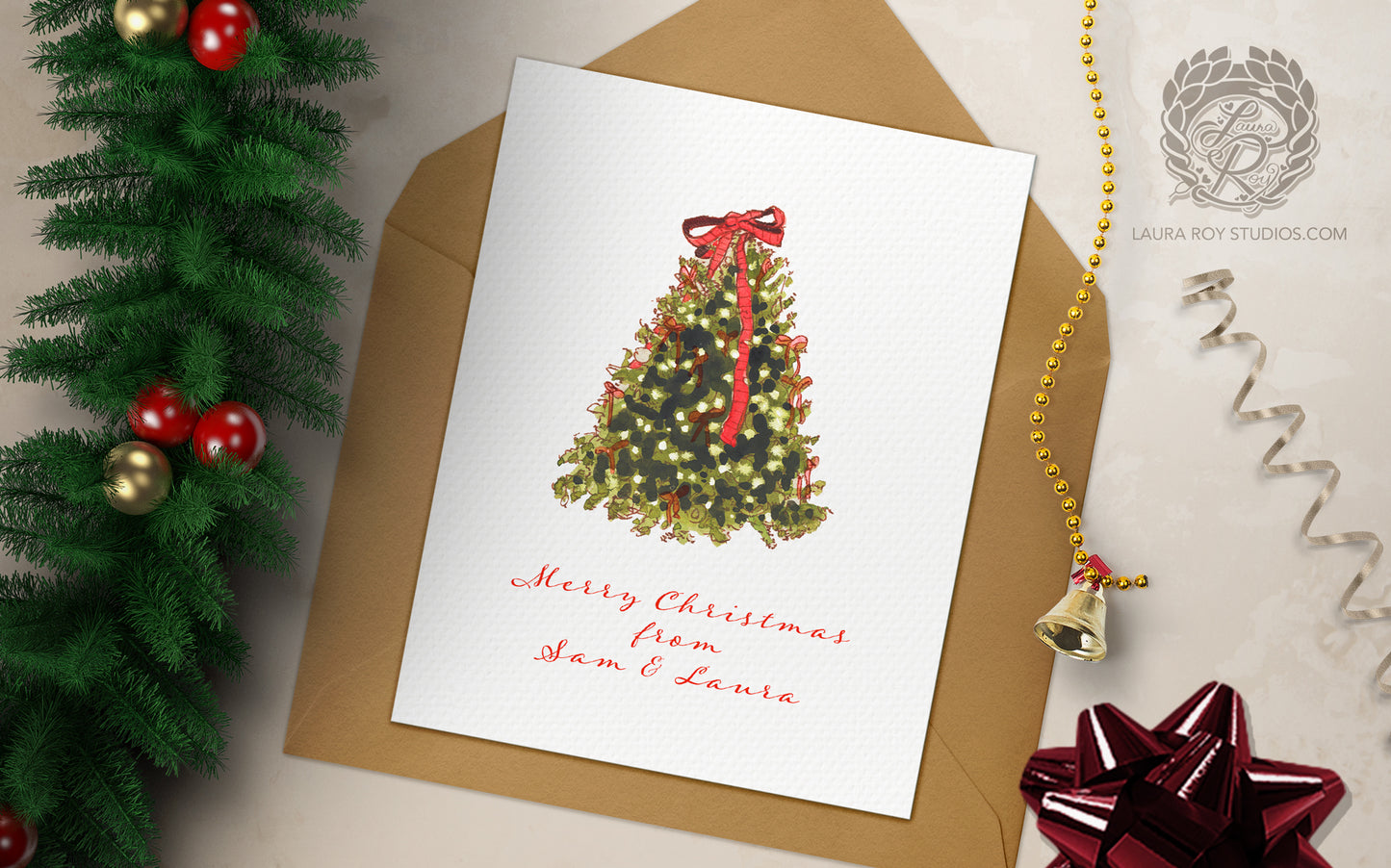 Personalized Bows Christmas Tree Card - Watercolor Customizable Holiday Greeting (Single or Set)