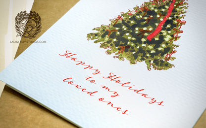 Personalized Bows Christmas Tree Card - Watercolor Customizable Holiday Greeting (Single or Set)