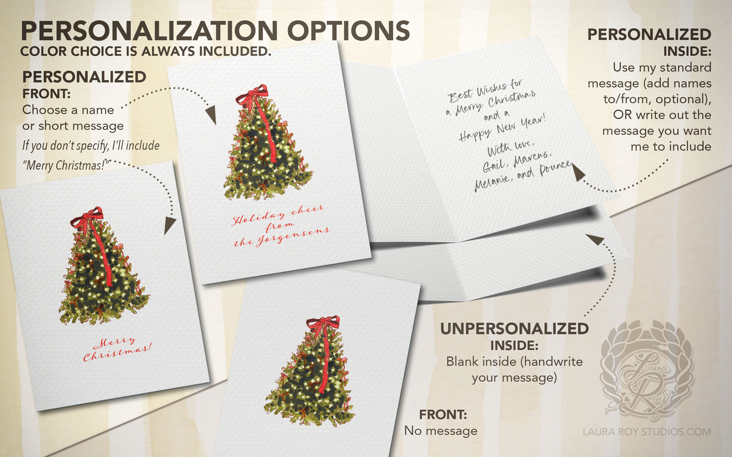 Personalized Bows Christmas Tree Card - Watercolor Customizable Holiday Greeting (Single or Set)