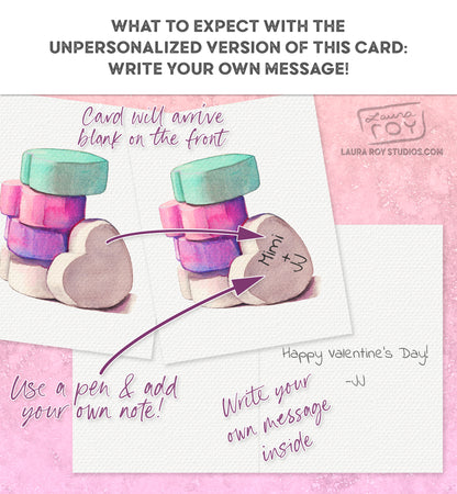 Personalized Conversation Hearts Card - Watercolor Candy Hearts with Custom Messages for Valentine's Day (Single or Set)