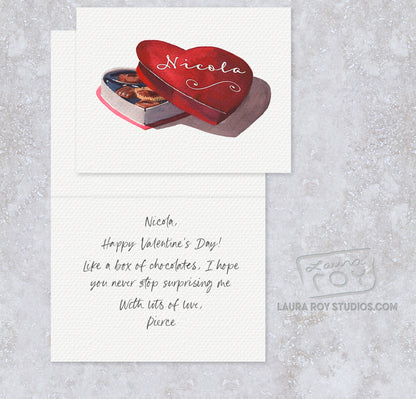 Personalized Chocolate Box Card - Watercolor Heart with Custom Message for Valentine's Day, Anniversaries, and Weddings (Single or Set)