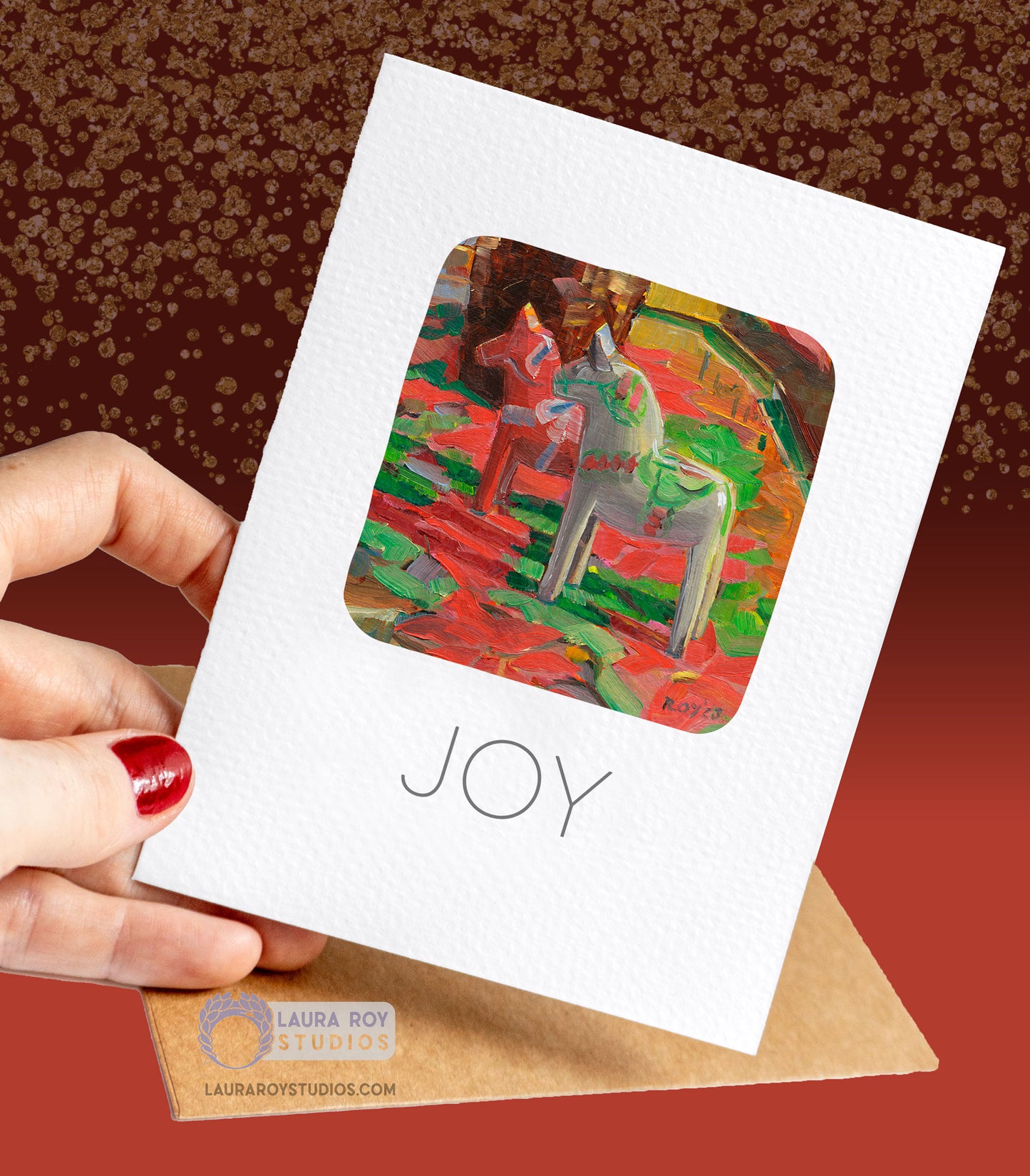 Personalized Dala Horses Poinsettia Holiday Card - Painterly Oil Artwork of White and Red Dala Horses with Floral Pattern, Customizable Greeting (Single or Set)