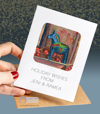 Personalized Blue Dala Horse Holiday Card - Painterly Oil Artwork with Red Ornaments, Customizable Greeting (Single or Set)