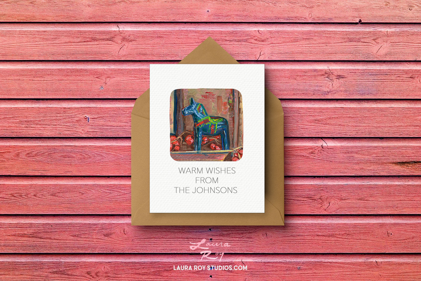 Personalized Blue Dala Horse Holiday Card - Painterly Oil Artwork with Red Ornaments, Customizable Greeting (Single or Set)