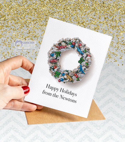 Personalized Quirky Flocked Wreath Card - Watercolor Wreath with Ornaments and Dinosaurs, Customizable Holiday Greeting (Single or Set)