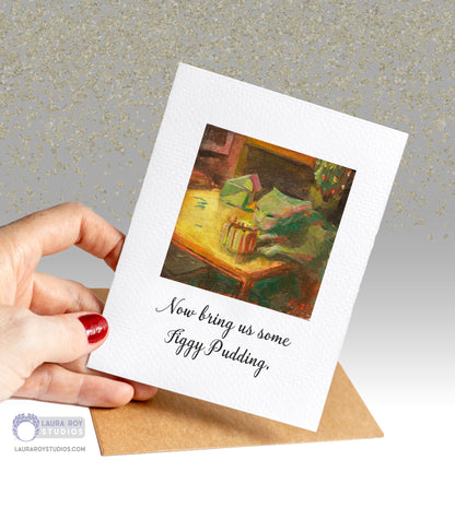 Personalized Festive Mischief Holiday Card - Quirky Oil Painting of Cat or Creature with Cake, Customizable Greeting (Single or Set)