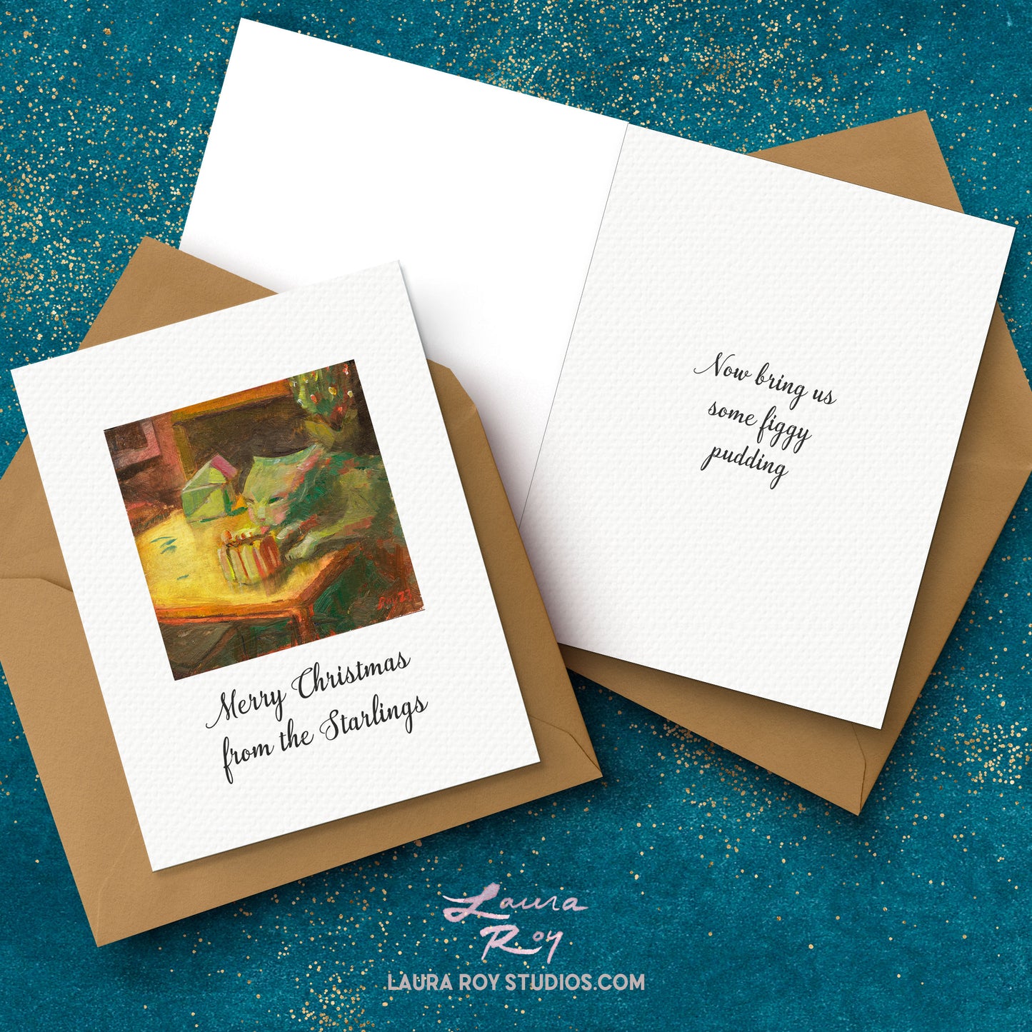 Personalized Festive Mischief Holiday Card - Quirky Oil Painting of Cat or Creature with Cake, Customizable Greeting (Single or Set)