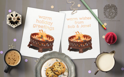 Personalized Firepit Holiday Card: Watercolor Fire with Warm Winter Wishes