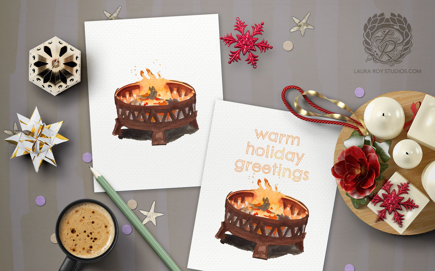 Personalized Firepit Holiday Card: Watercolor Fire with Warm Winter Wishes