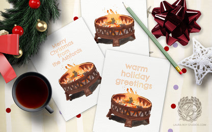 Personalized Firepit Holiday Card: Watercolor Fire with Warm Winter Wishes