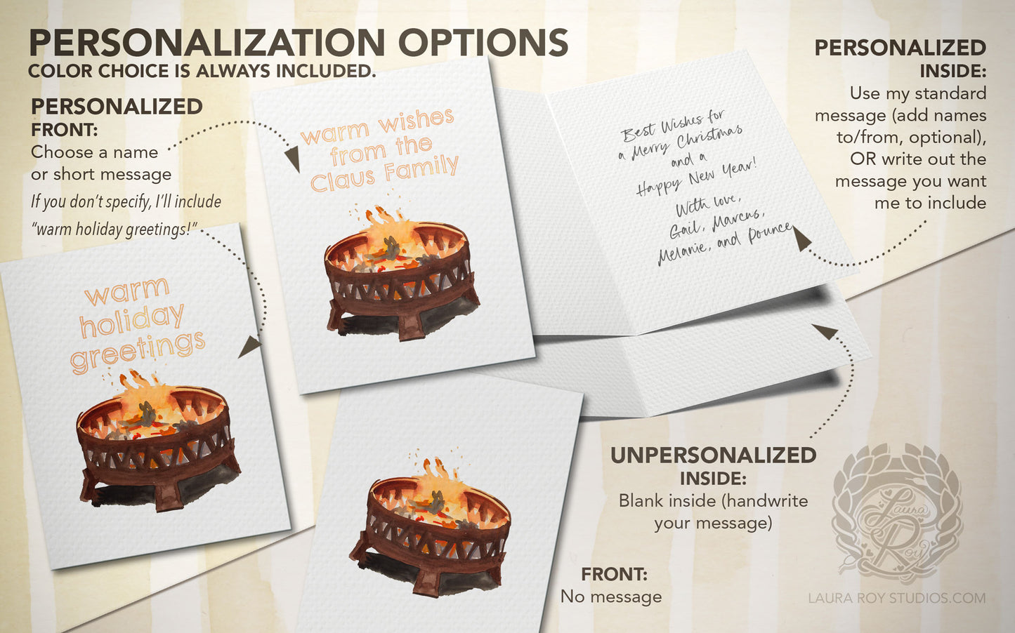 Personalized Firepit Holiday Card: Watercolor Fire with Warm Winter Wishes